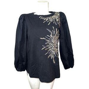 New Chico's Black Knit Top Puff Sleeve Embellished Firework Sequin LS Size M (1)
